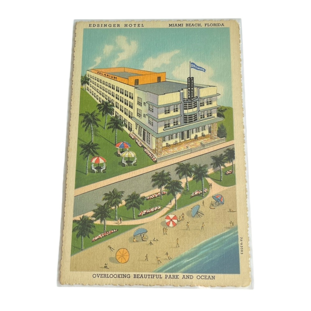 Vintage Linen Postcard EDSINGER HOTEL Art Deco Beach‎ 1937 MIAMI BEACH, FL 003
